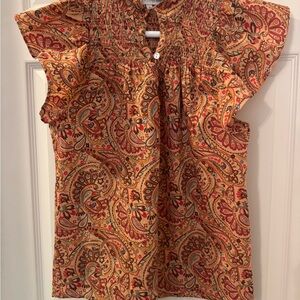 House of Harlow 1960 Paisley Flutter Sleeve Cotton Smocked Blouse Top Small